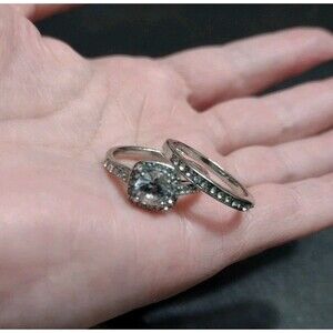 Silver Tone Engagement Ring Set Wedding Promise Clear Rhinestone Size 7.75